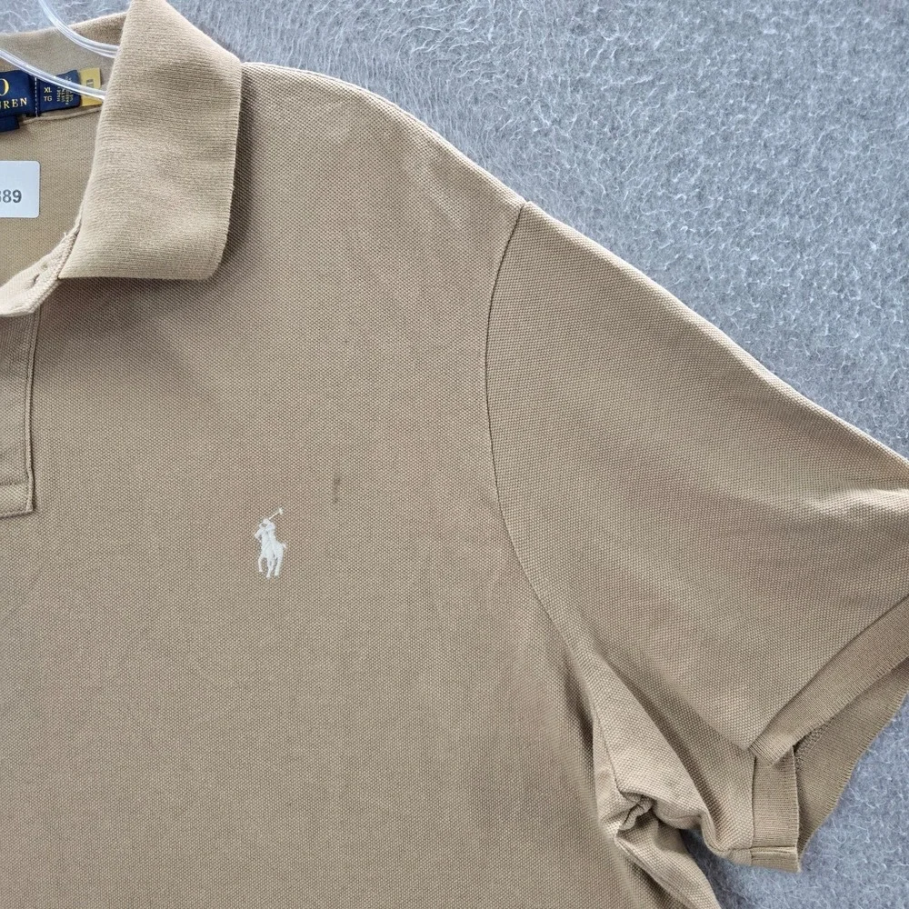 Polo Ralph Lauren Men Polo Shirt XL Beige Logo Split Side Hem Pony Classic READ